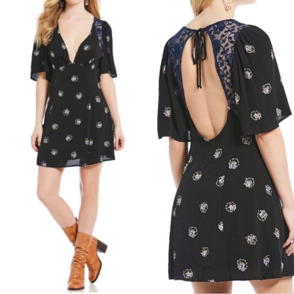 NEW Free People Mockingbird Mini Dress Boho Open Back Floral Print Lace Size 12